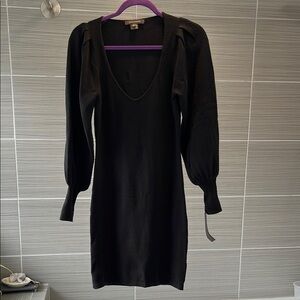 French Connection Black Bodycon Dress with Bishop Sleeves